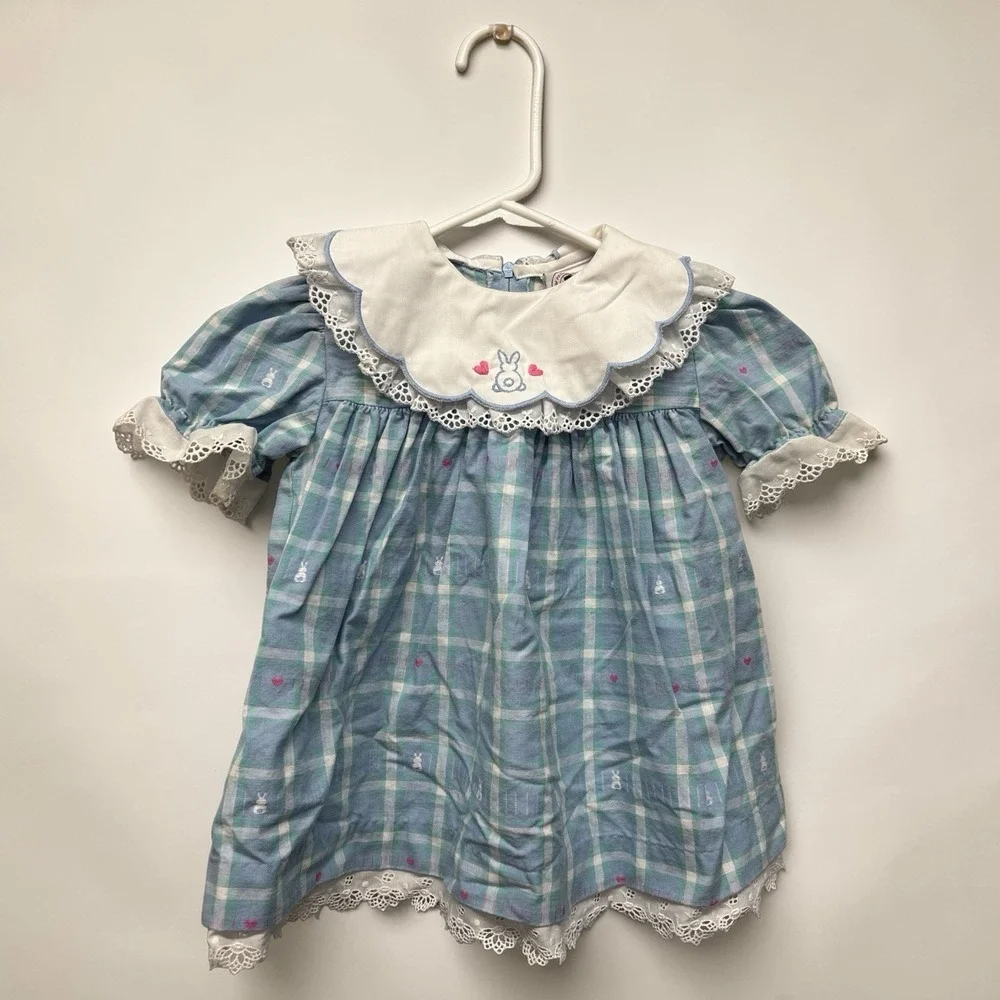 Vintage Good Lad Blue Plaid Embroidered Bunny Dress Baby Girl 18 Mo Lace Easter